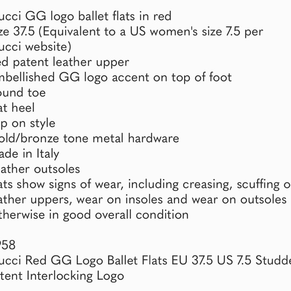 🎁❤️Gucci Red GG Logo Ballet Flats EU 37.5 US 7.5 Studded Patent Interlocking GG - Picture 8 of 8